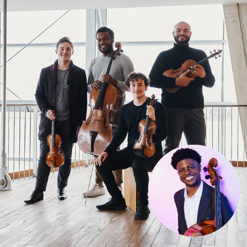 Four musicians posing with instruments