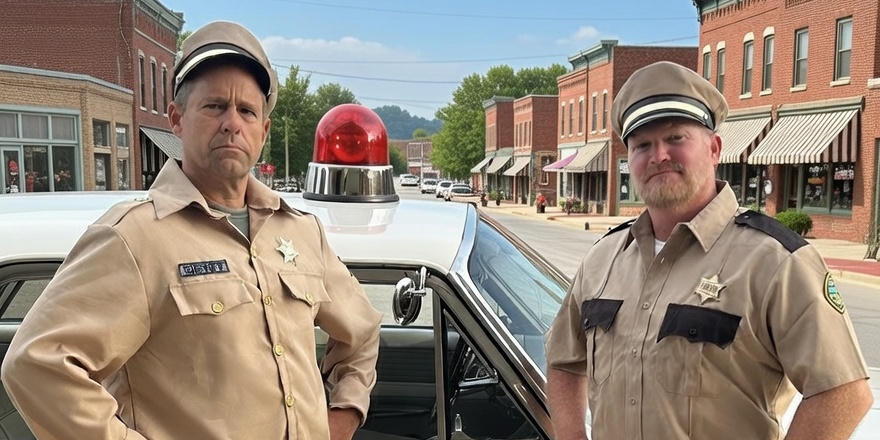Two police officers beside a car.