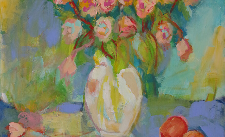 Colorful flowers and fruit still life