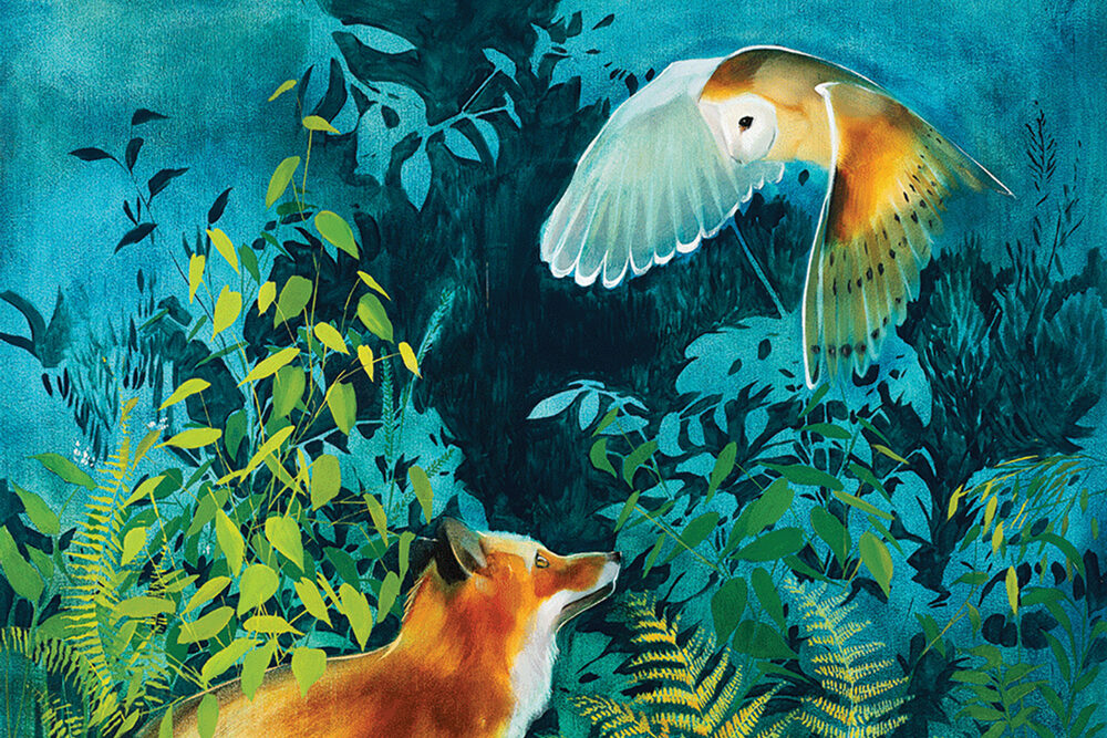 Fox and owl in vibrant foliage