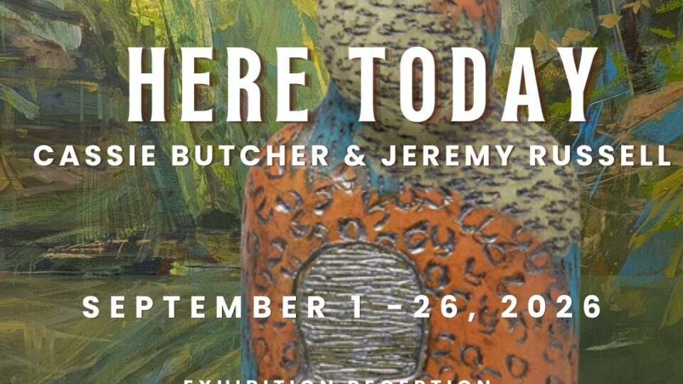 Art exhibition announcement with sculpture