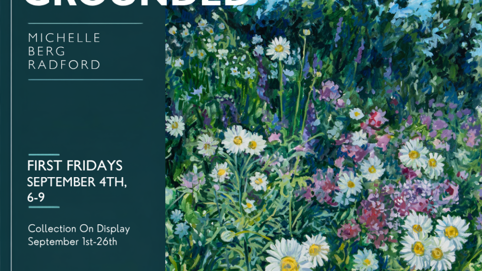 Floral artwork exhibition announcement.