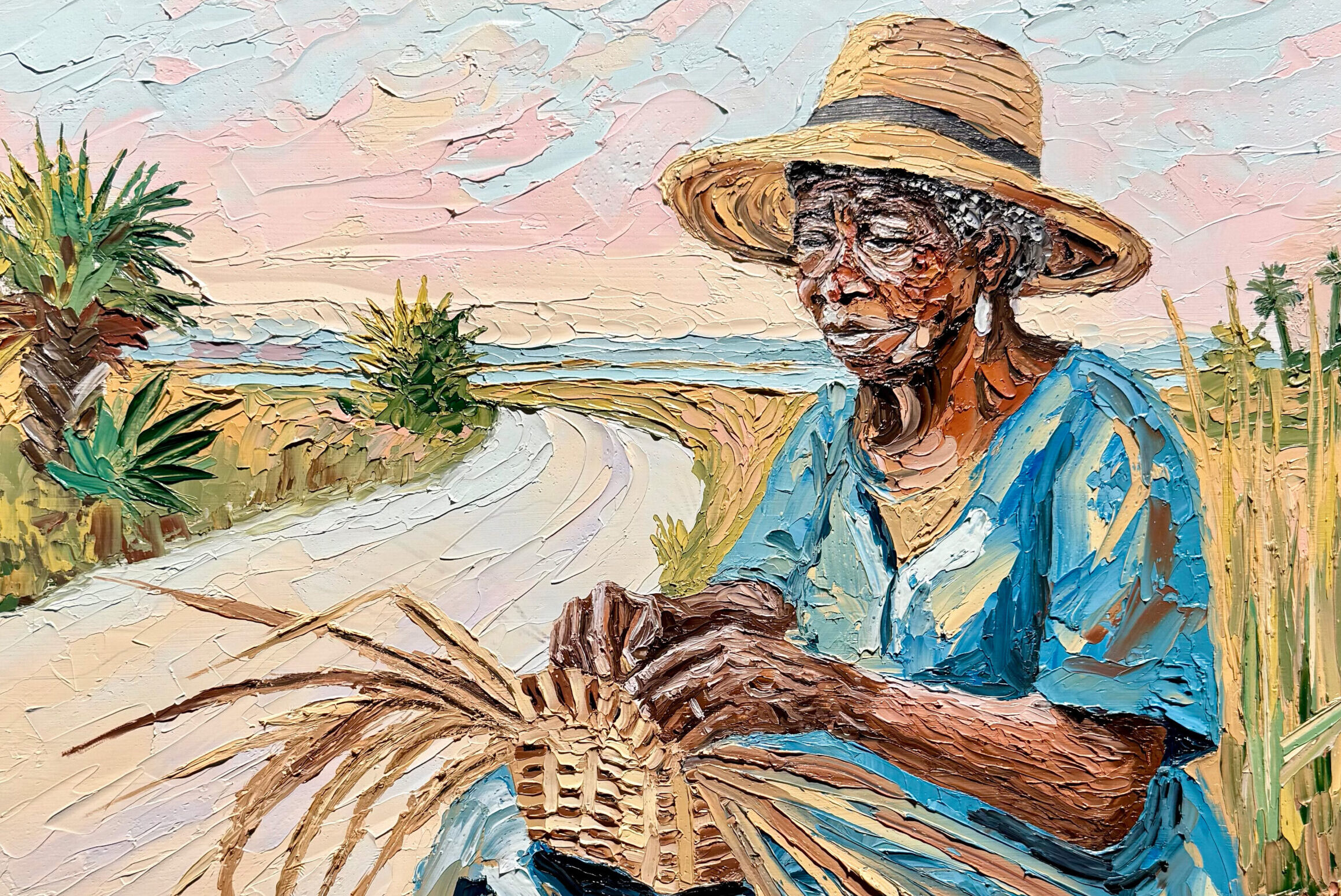 Elderly woman weaving a basket outdoors.