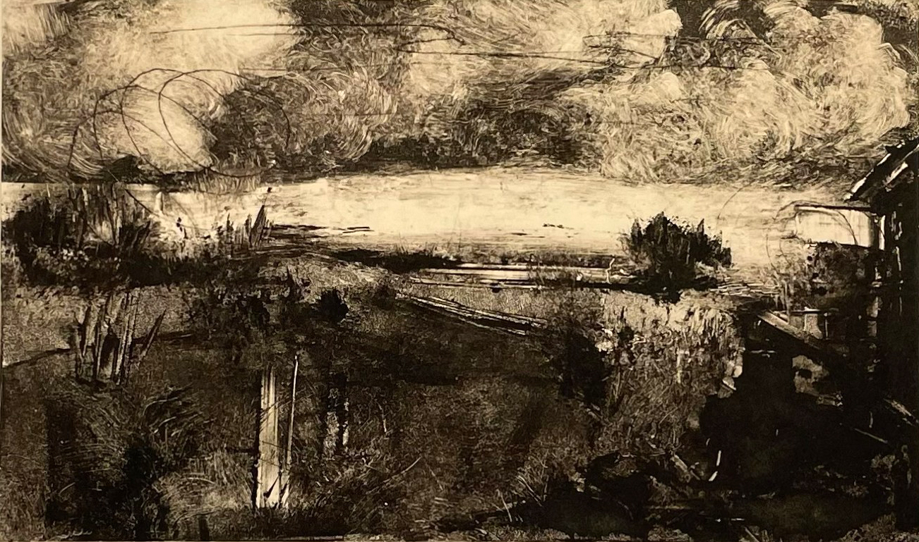 Monochromatic landscape with dramatic clouds