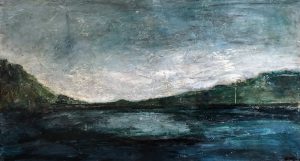a painting of a lake and mountains