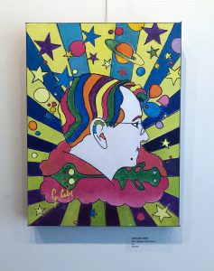 a painting of a man with colorful hair