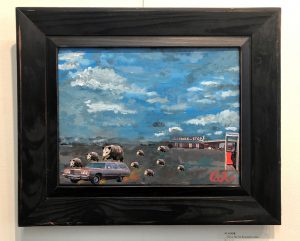 a painting of sheep in a car