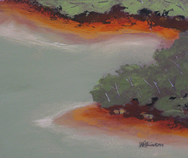a painting of a tree and a river