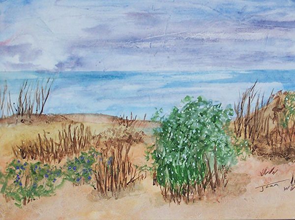 a painting of a beach with plants and water