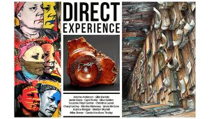 a collage of art and a piece of wood