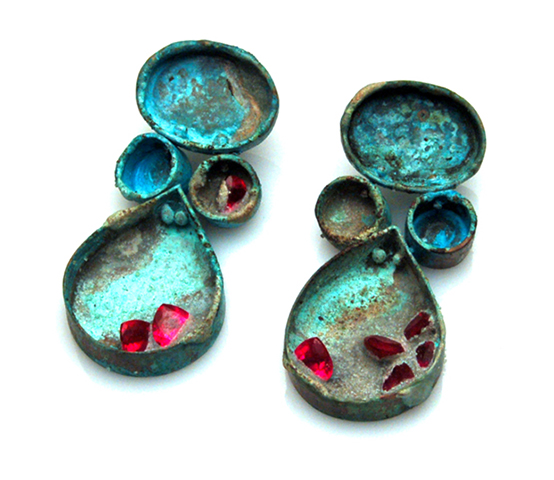 Copper, patina, cement, lab created rubies
2 x 1 x .5 inches
