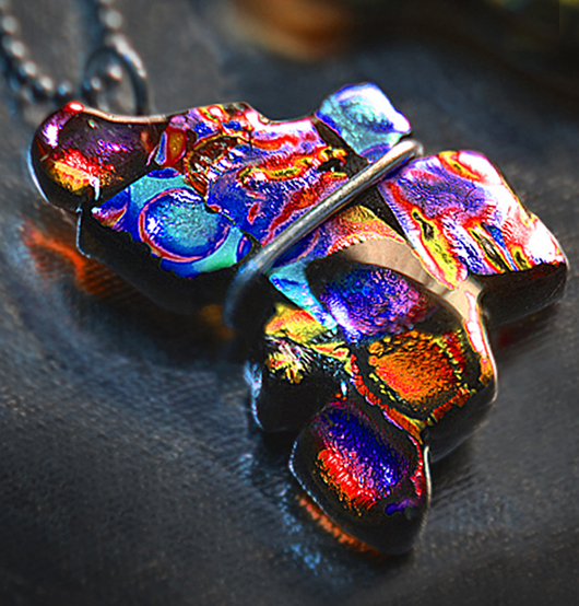 Dichroic glass + sterling silver pendant 
glass + sterling silver 
2 x 2 inches
