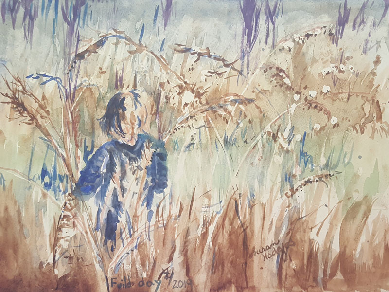 a watercolor painting of a person in tall grass