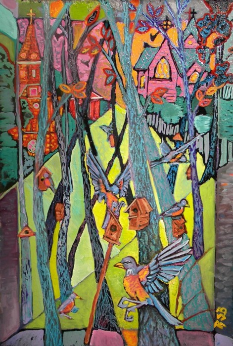 a painting of birds in the woods
