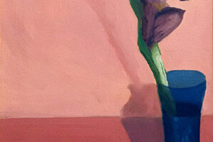 a painting of a flower in a blue vase