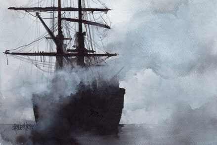 a painting of a ship in the water