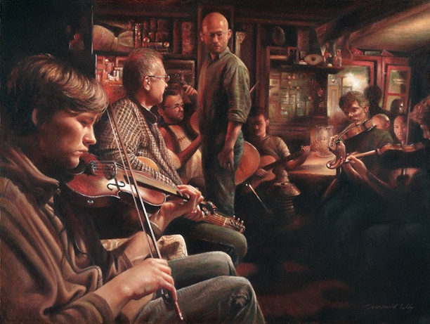 20 x 24 inches
This painting depicts a typical Irish pub from my home town in Co. Carlow, Ireland. Low beamed ceilings, candlelight, talented musicians, great memories and good times. 