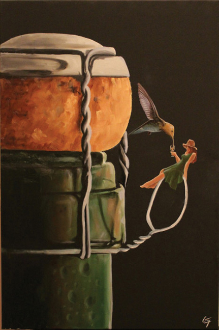 a hummingbird and a woman drinking from a rope
