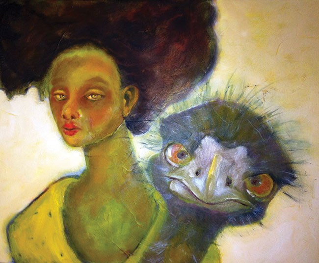 a painting of a woman and a bird