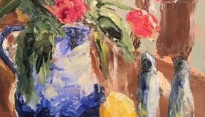 a painting of flowers in a vase