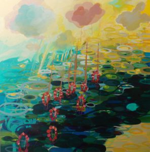 a painting of flowers in a pond