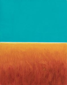a painting of a field and a blue sky