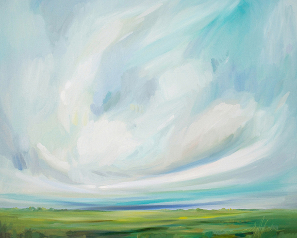 a painting of a field and sky