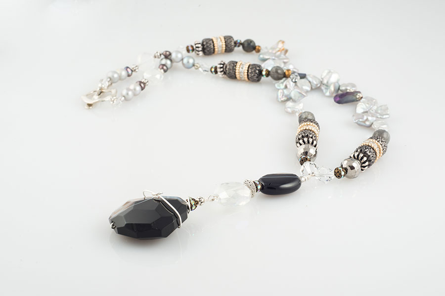 Pearl, crystal, black agate 
28 inches 